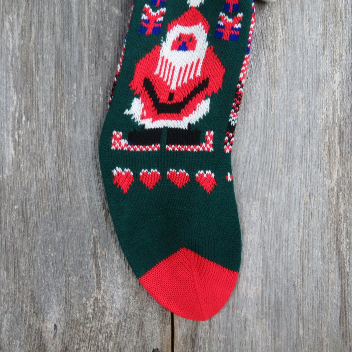 Vintage Santa Claus Knit Stocking Green Red White Gifts Trees Hearts Pom Pom 1980s