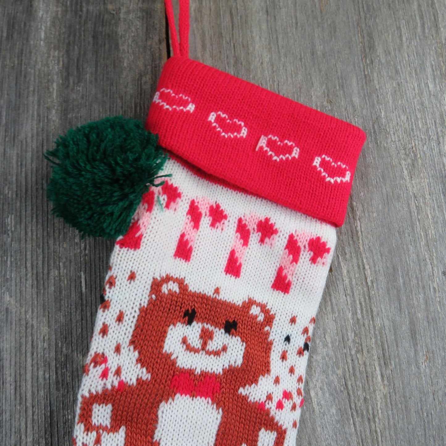 Christmas Stocking Knitted Knit Teddy Bear Candy White Red Green Vtg 1980s st13