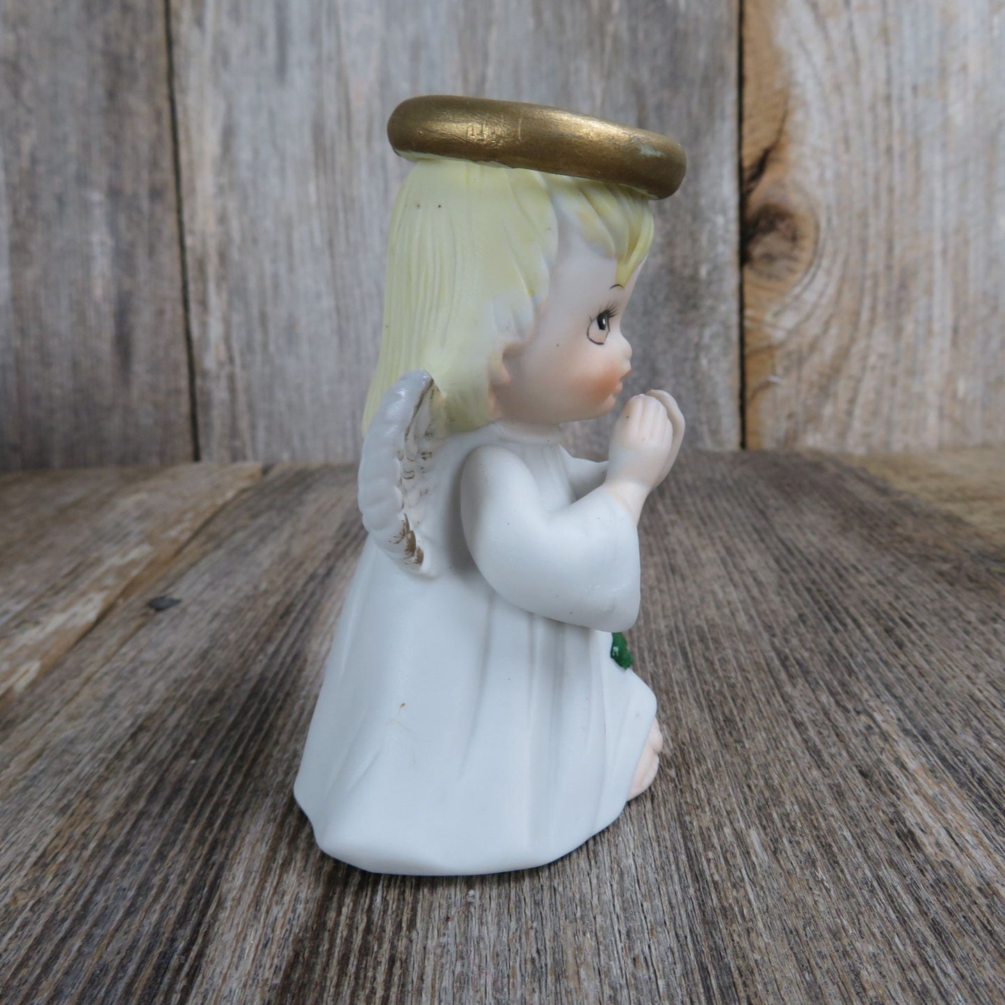 Vintage Christmas Angel Bell Figurine Poinsettia Praying Hands Eyes Open Made in Tiawan