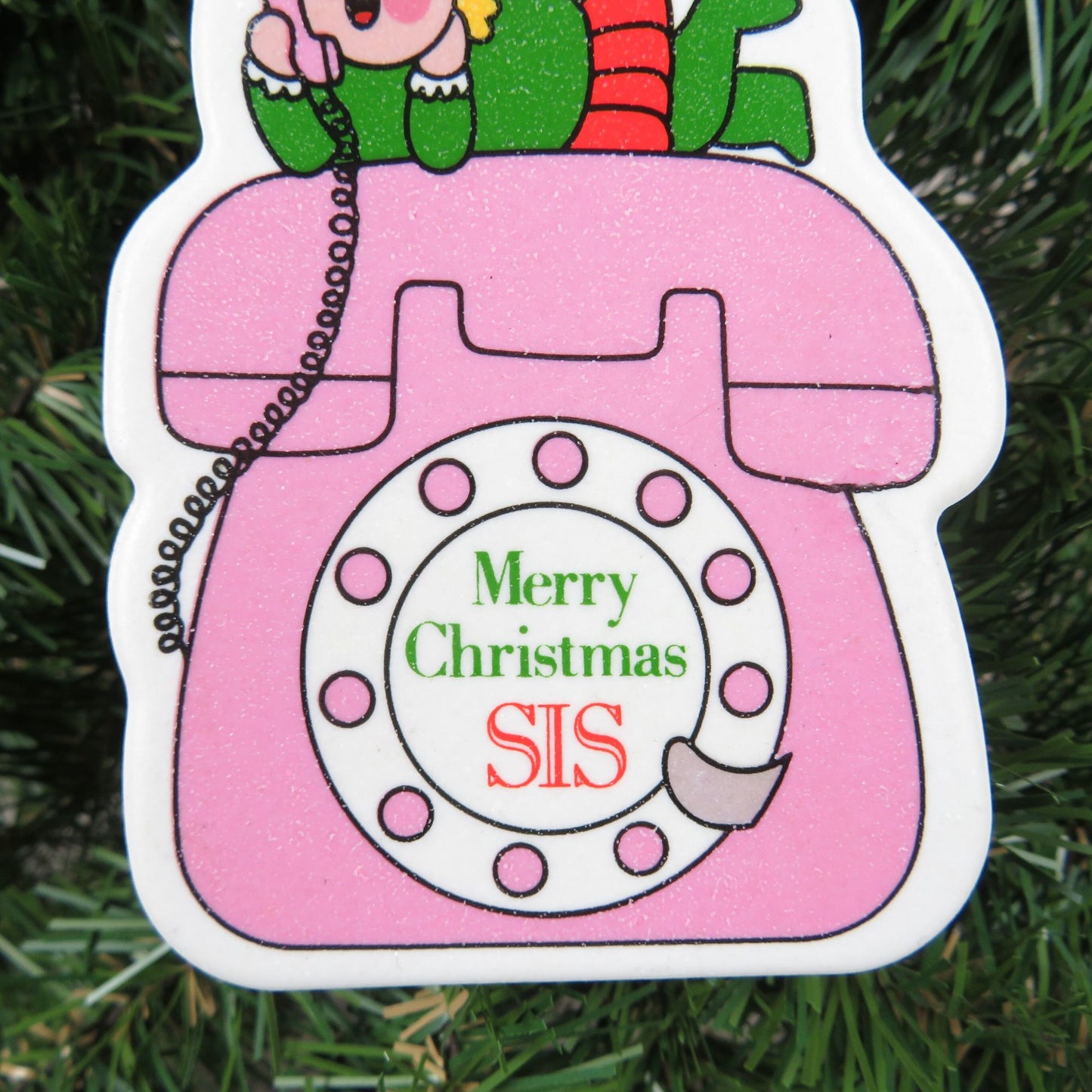 Sister Ornament Merry Christmas Sis Elf Pink Telephone Flat Ceramic