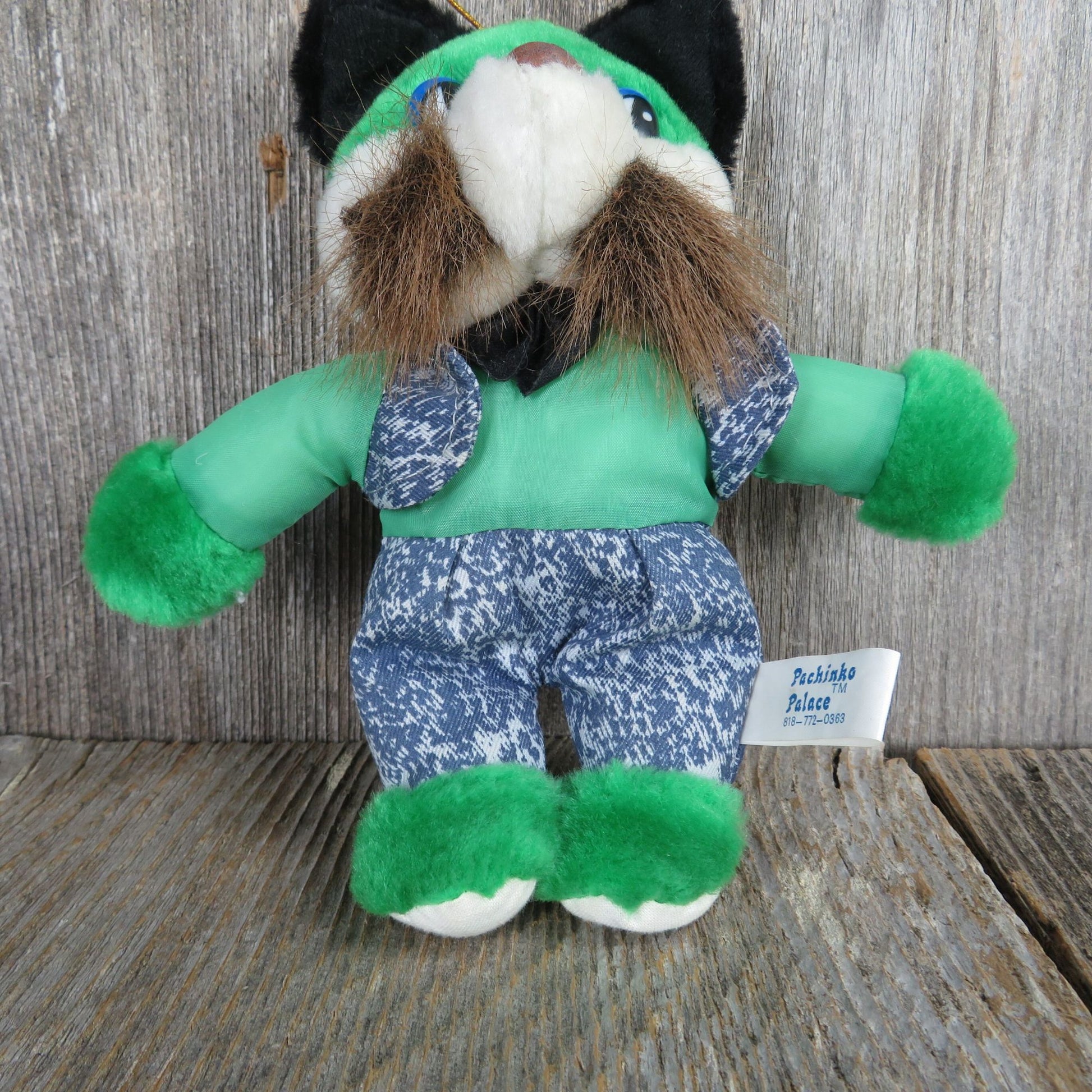Vintage Green Cat Plush With Fabric Body Blue Vest Pants Kitty Fur