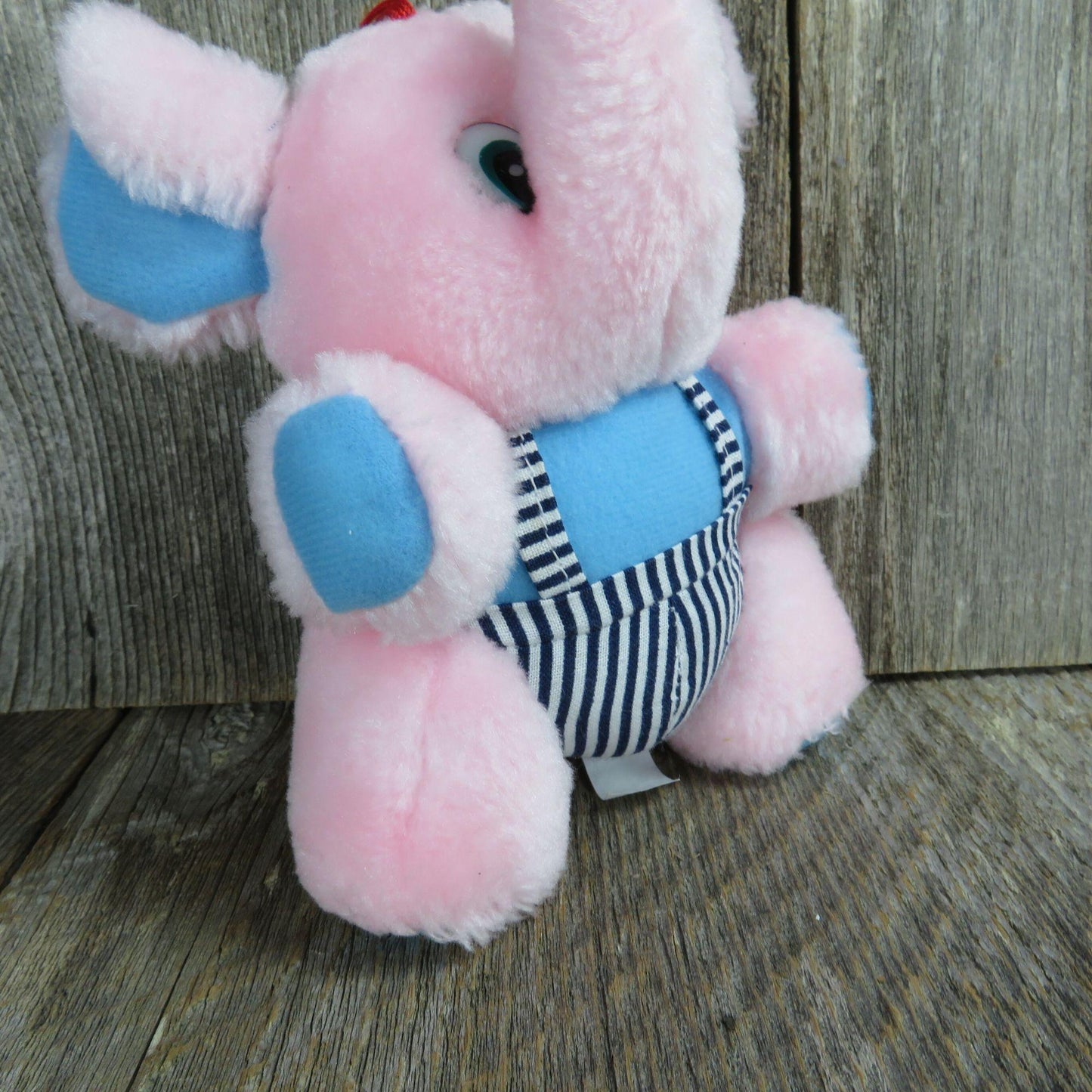 Vintage Elephant Plush Pink Blue Bib Overalls Stuffed Carnival Prize Small