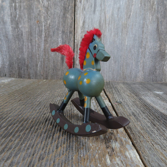 Vintage Wooden Blue Rocking Horse Pony Ornament Wood Christmas Red Pipe Cleaner Taiwan