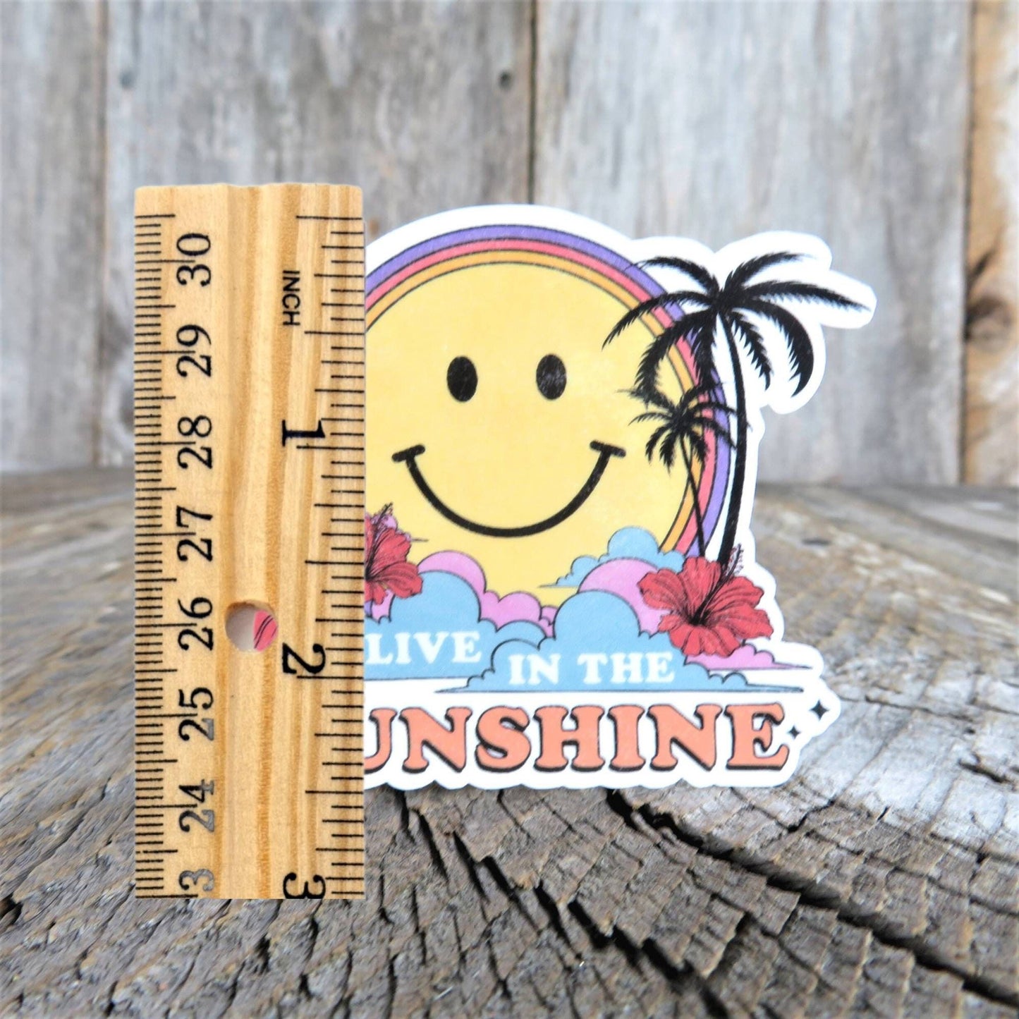 Live in the Sunshine Sticker Smile Face Positive Waterproof Summer Palm Trees Hibiscus