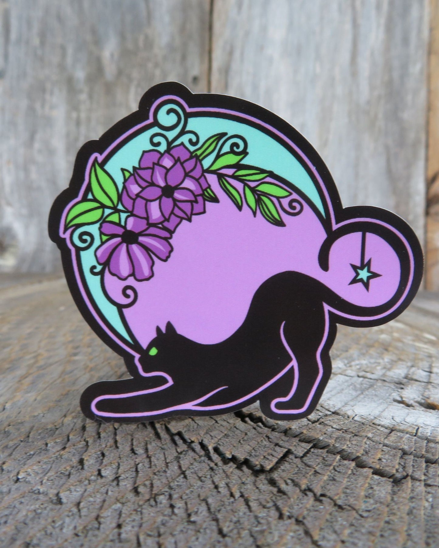 Black Cat and Moon Sticker Purple Flowers Waterproof Magic Mystic Stretching Cat