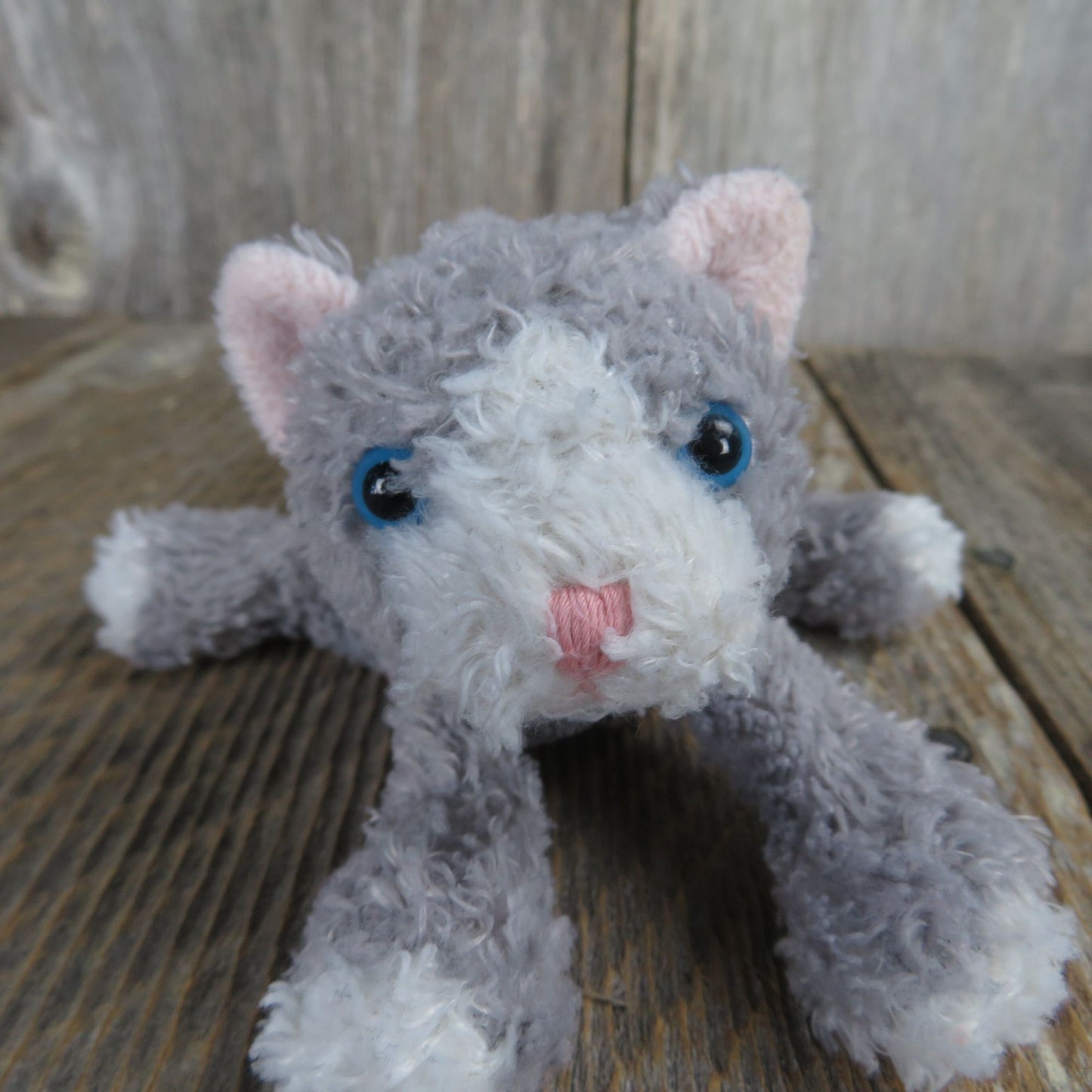 Vintage Cat Plush Gray White Stitched Pink Nose Mini Beanie Kitten Stuffed Animal Kitty Bean Bag