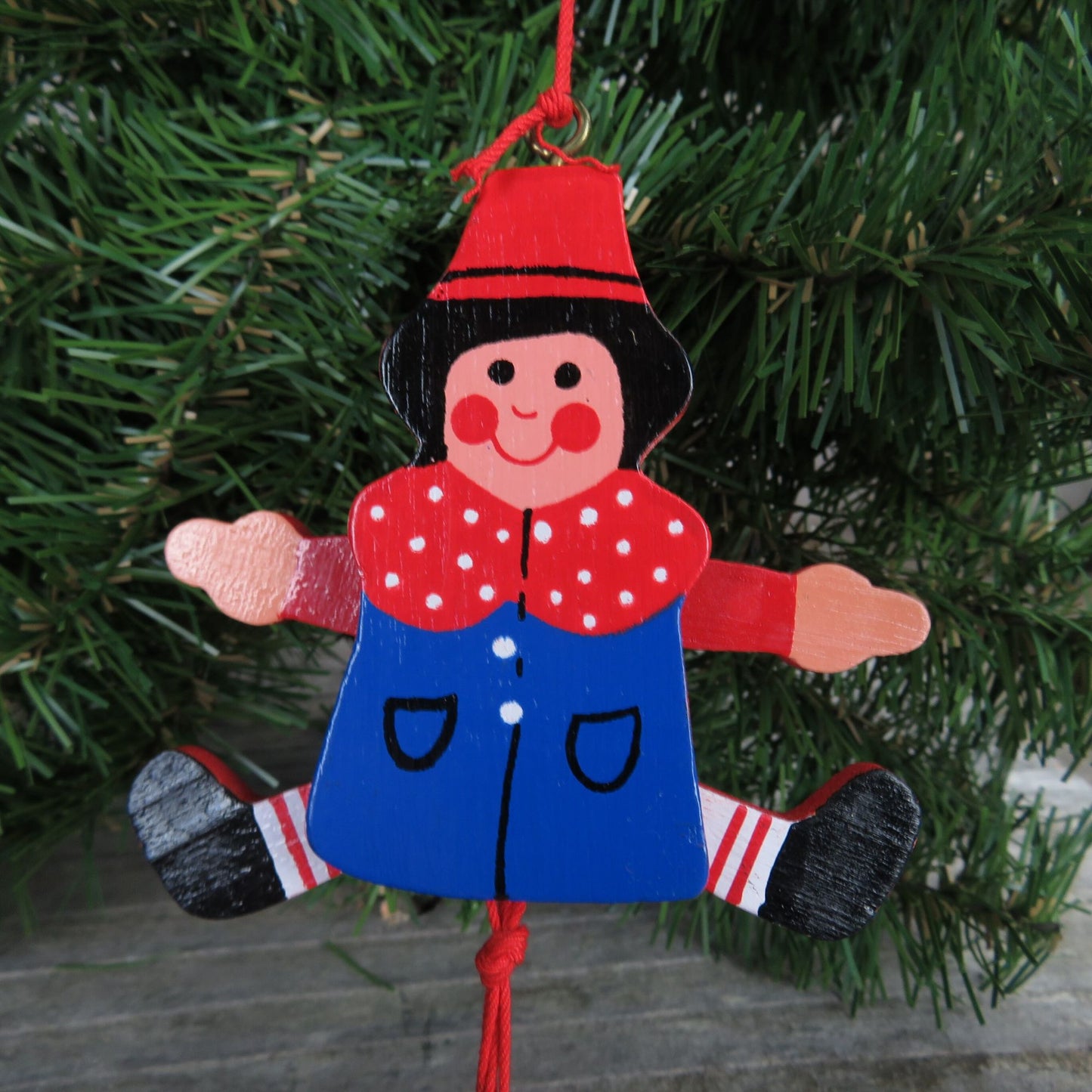 Red and Blue Boy Pull String Wood Ornament Vintage Wooden Jumping Toy Christmas Ornament