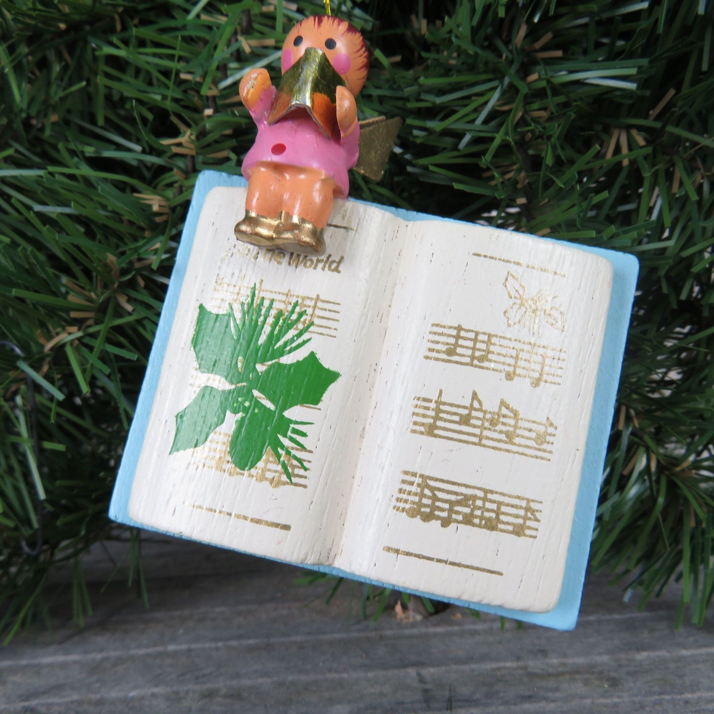 Singing Angel on Hymn Book Wood Ornament Vintage Wooden Blue Hymnal Christmas Caroling Angel Ornament