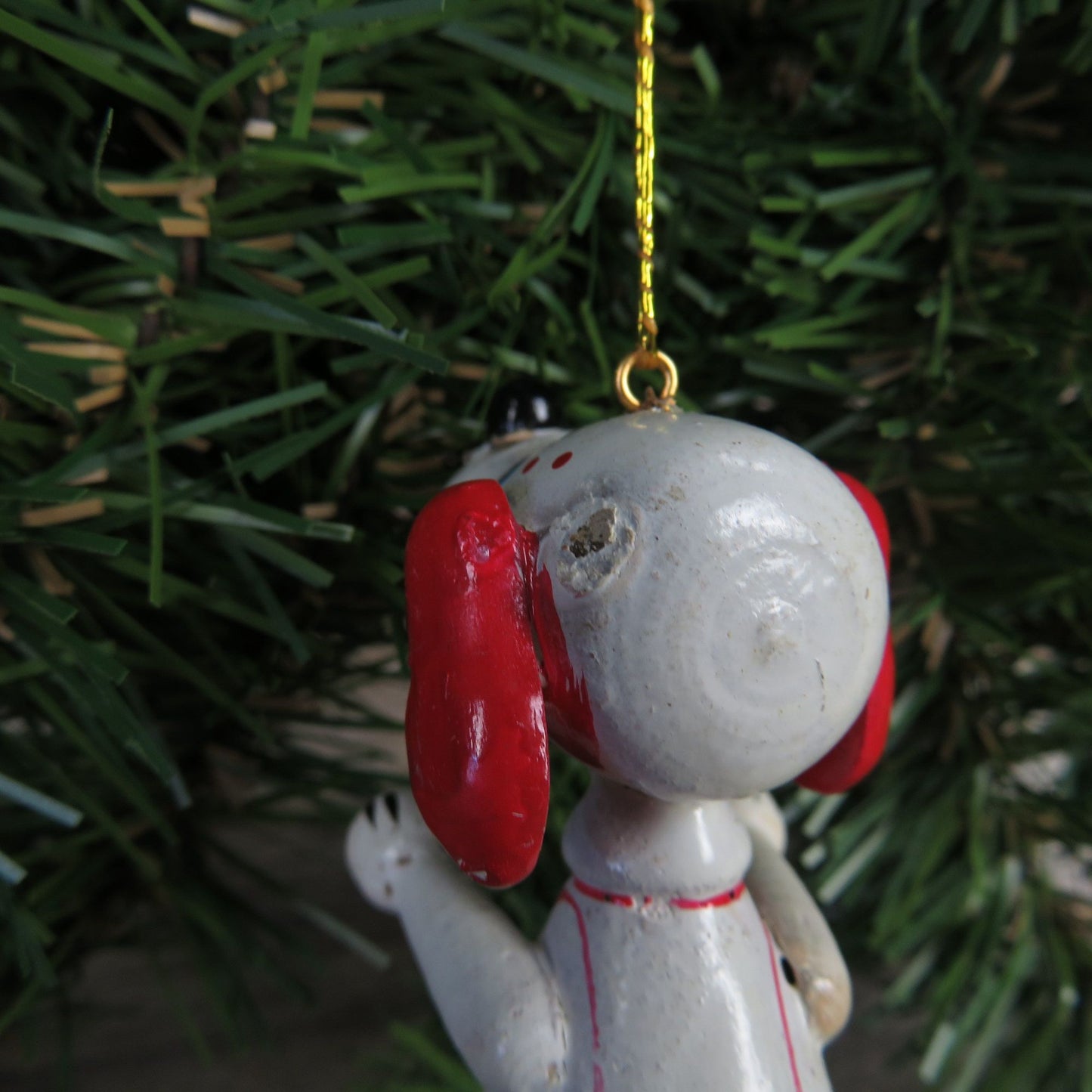 Vintage Wooden White Dog Ornament Wood Puppy with Red Ears and Pants Christmas Ornament