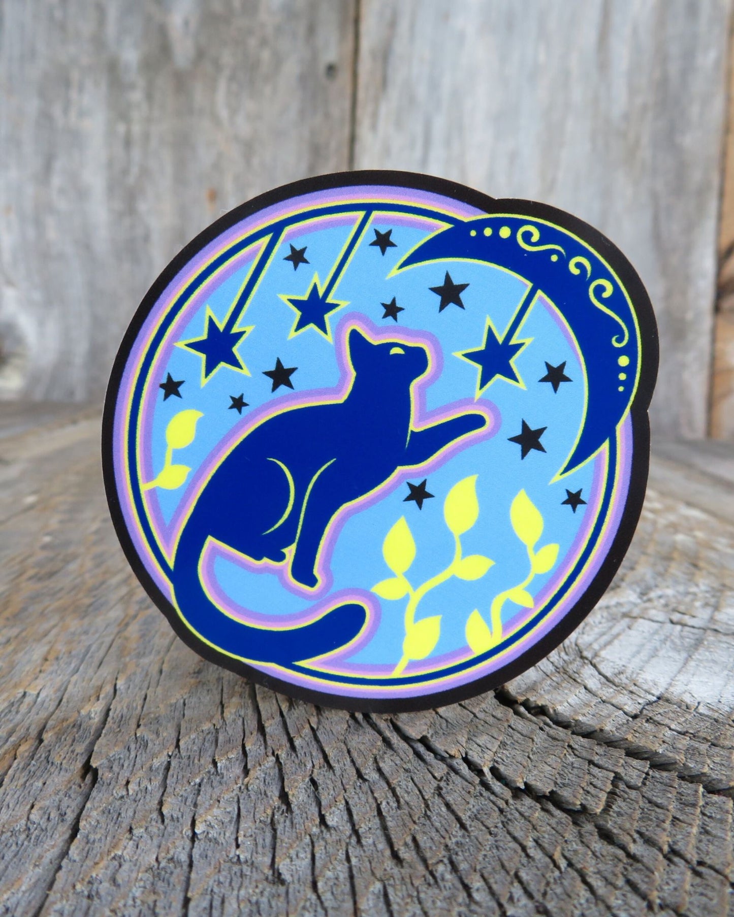 Blue and Purple Cat with Moon and Stars Sticker Waterproof Magic Mystic Cat Lover