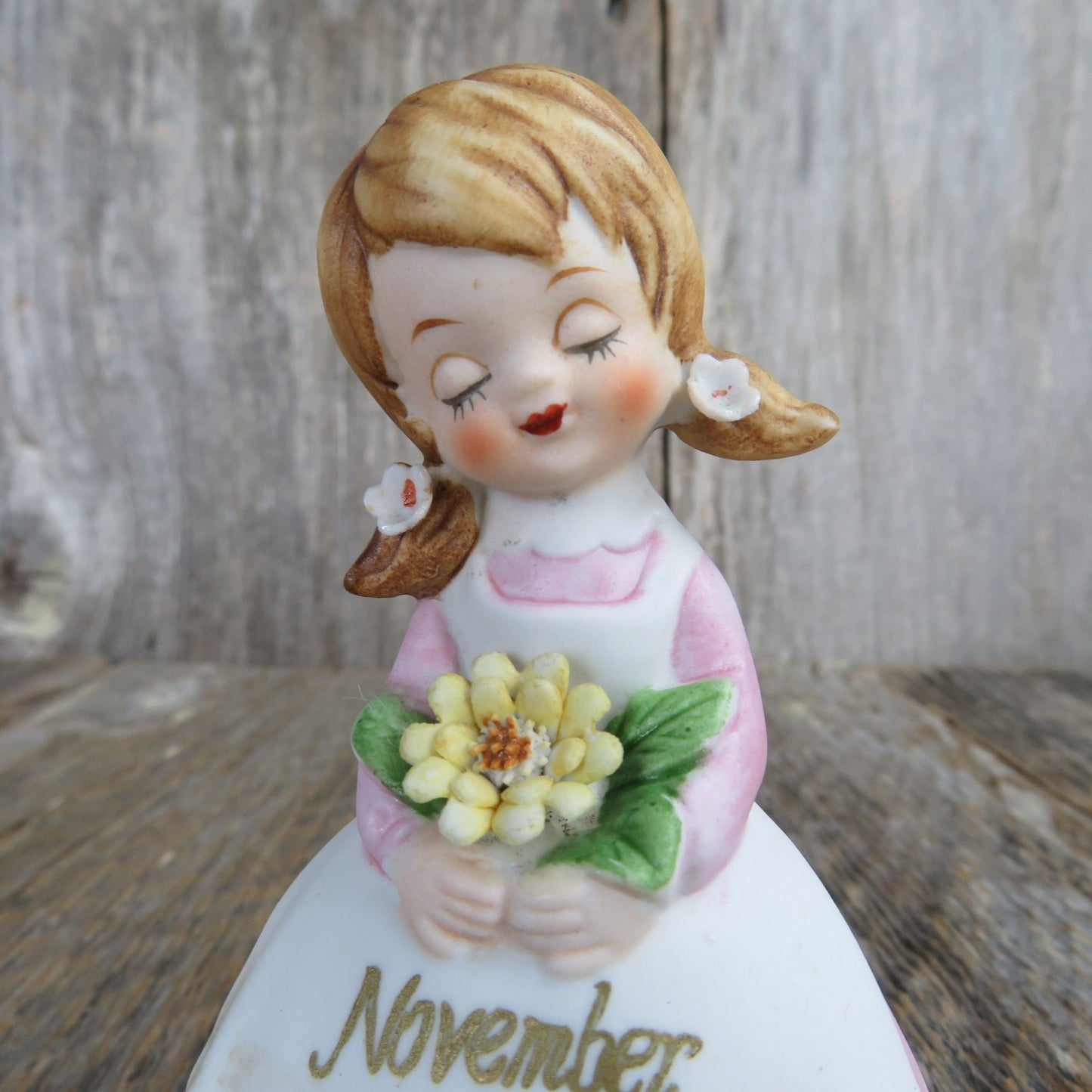 Vintage November Birthday Figurine Kelvin Girl Month Cake Topper Yellow Flower Ponytails