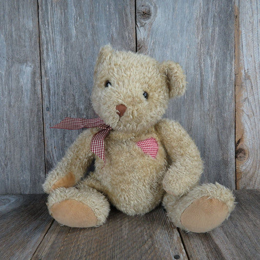 Vintage Teddy Bear Plush Shaggy Tan Hucklebeary Red White Heart Russ Stuffed Animal Brown Plaid Bow Stitched Nose