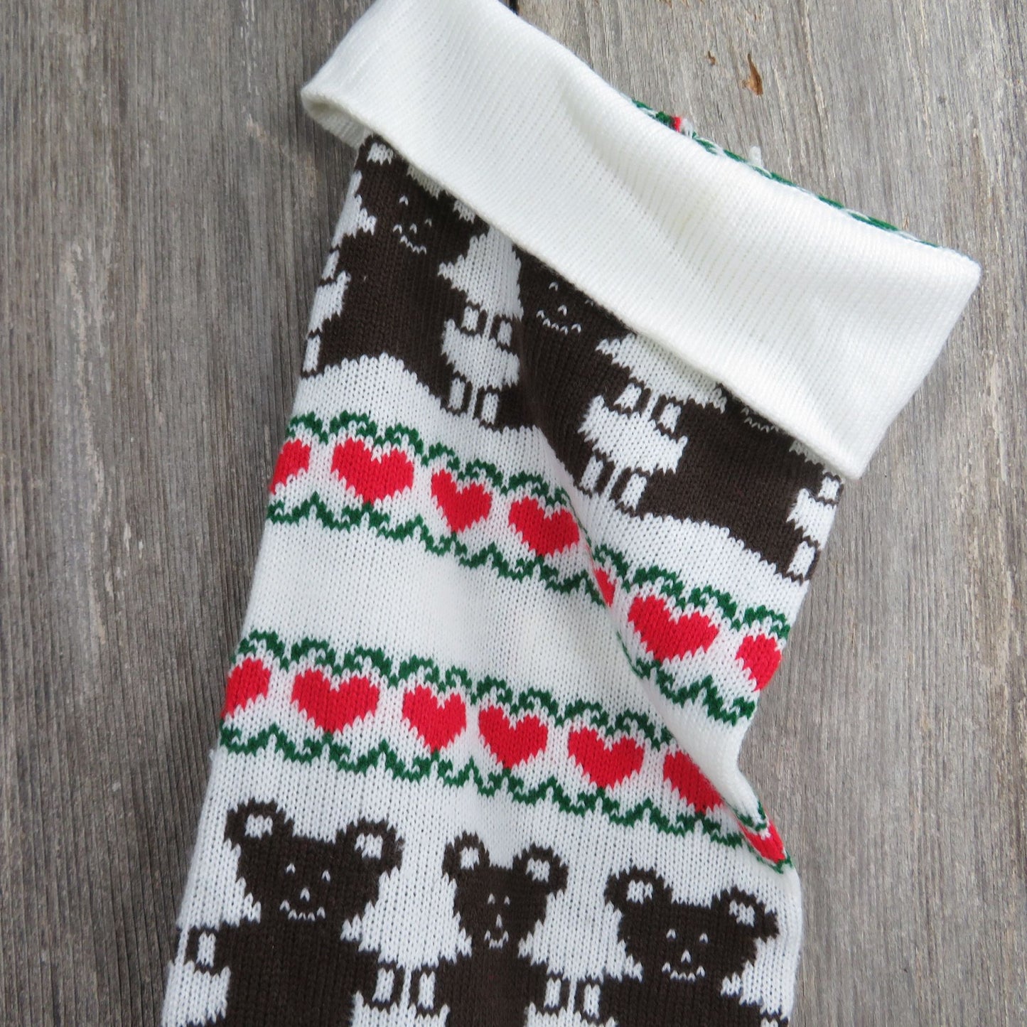 Vintage Teddy Bear Knit Stocking Extra Large White Sweater Red Green St376