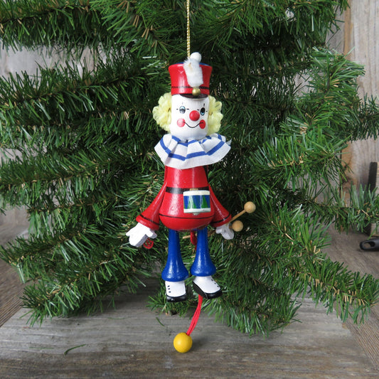 Wood Pull String Clown Ornament Kurt Adler Vintage Jumping Circus Drummer Christmas 1990