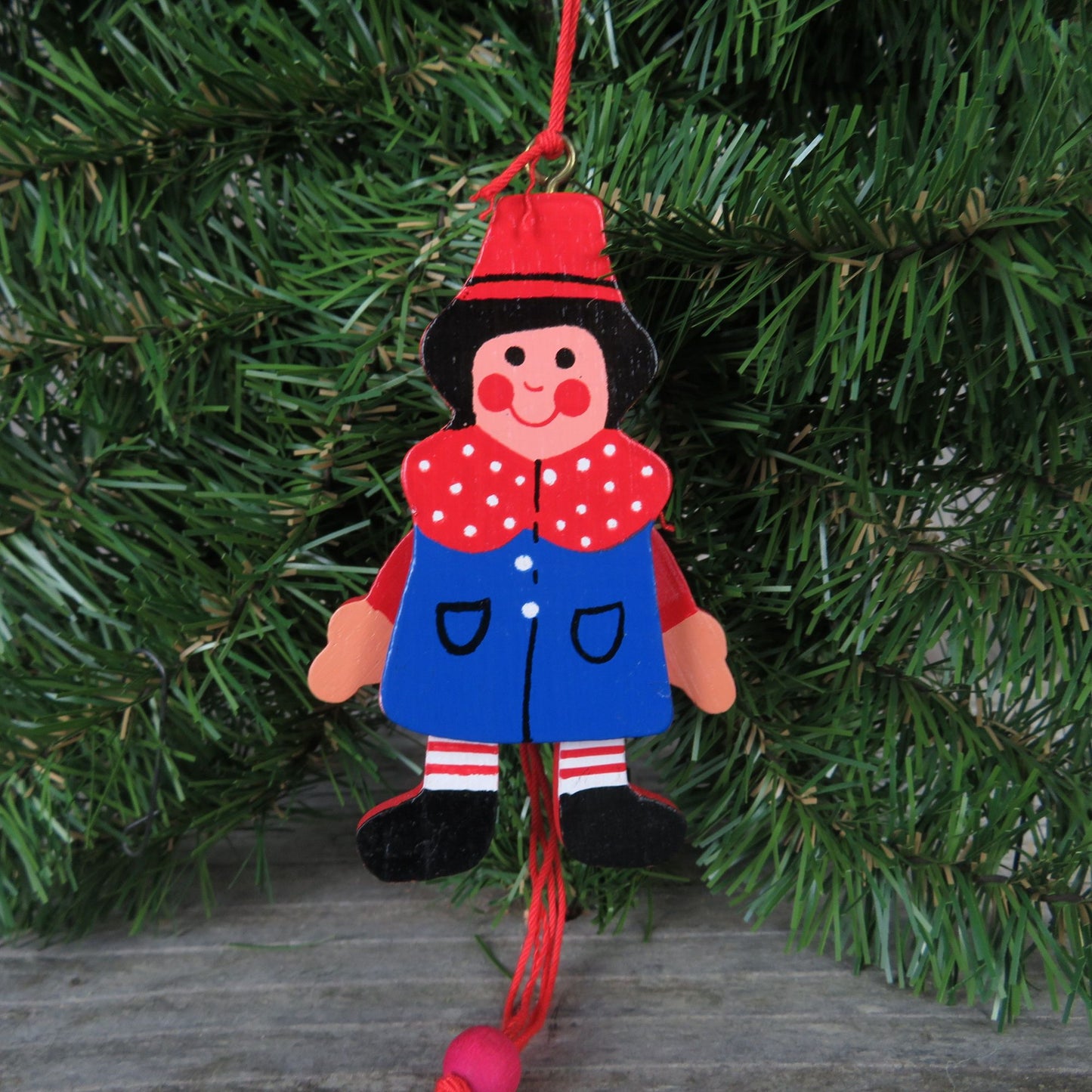 Red and Blue Boy Pull String Wood Ornament Vintage Wooden Jumping Toy Christmas Ornament