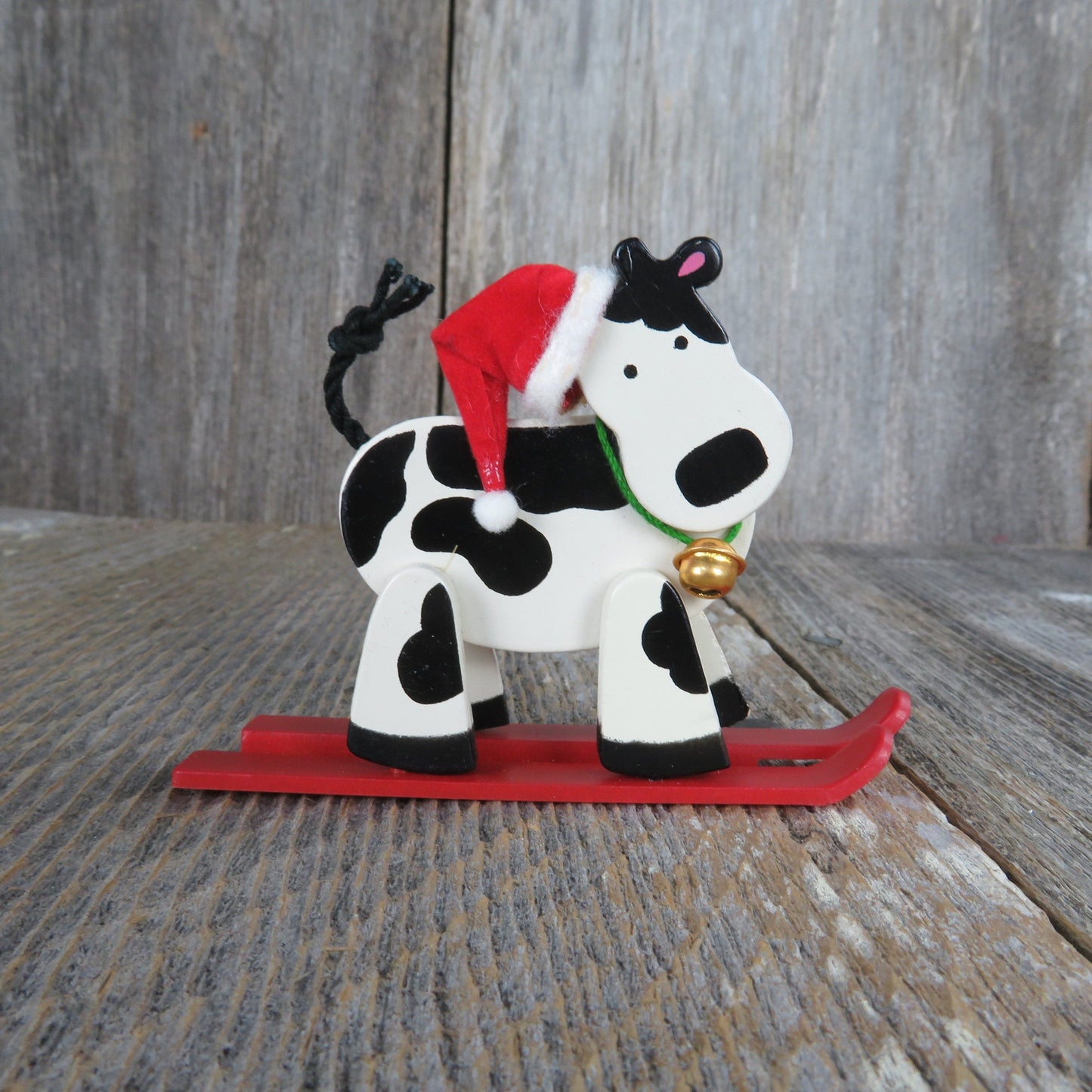 Vintage Cow On Skis Ornament Wooden Avon Christmas Holstein Black White Red Santa Hat Wood Country Rustic