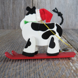 Vintage Cow On Skis Ornament Wooden Avon Christmas Holstein Black White Red Santa Hat Wood Country Rustic