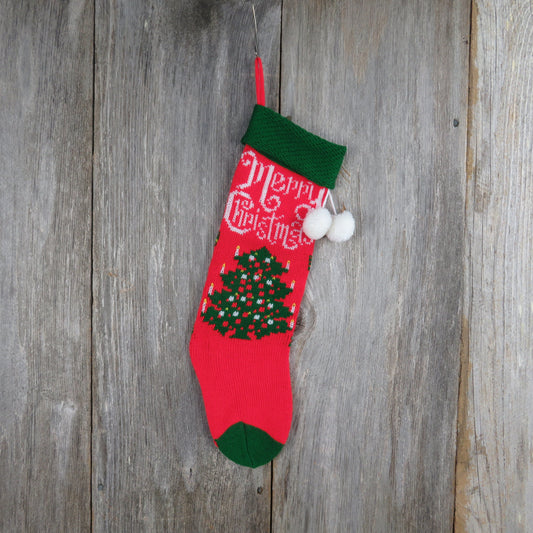 Vintage Merry Christmas Tree Knit Stocking Kurt Adler Red Green White Pom Pom 1982