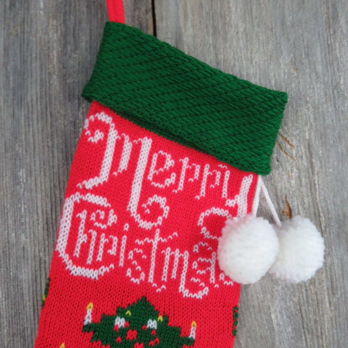 Vintage Merry Christmas Tree Knit Stocking Kurt Adler Red Green White Pom Pom 1982