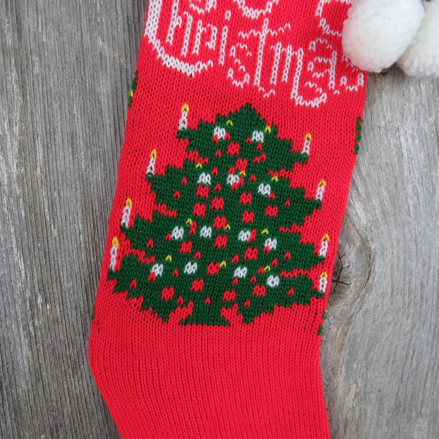 Vintage Merry Christmas Tree Knit Stocking Kurt Adler Red Green White Pom Pom 1982