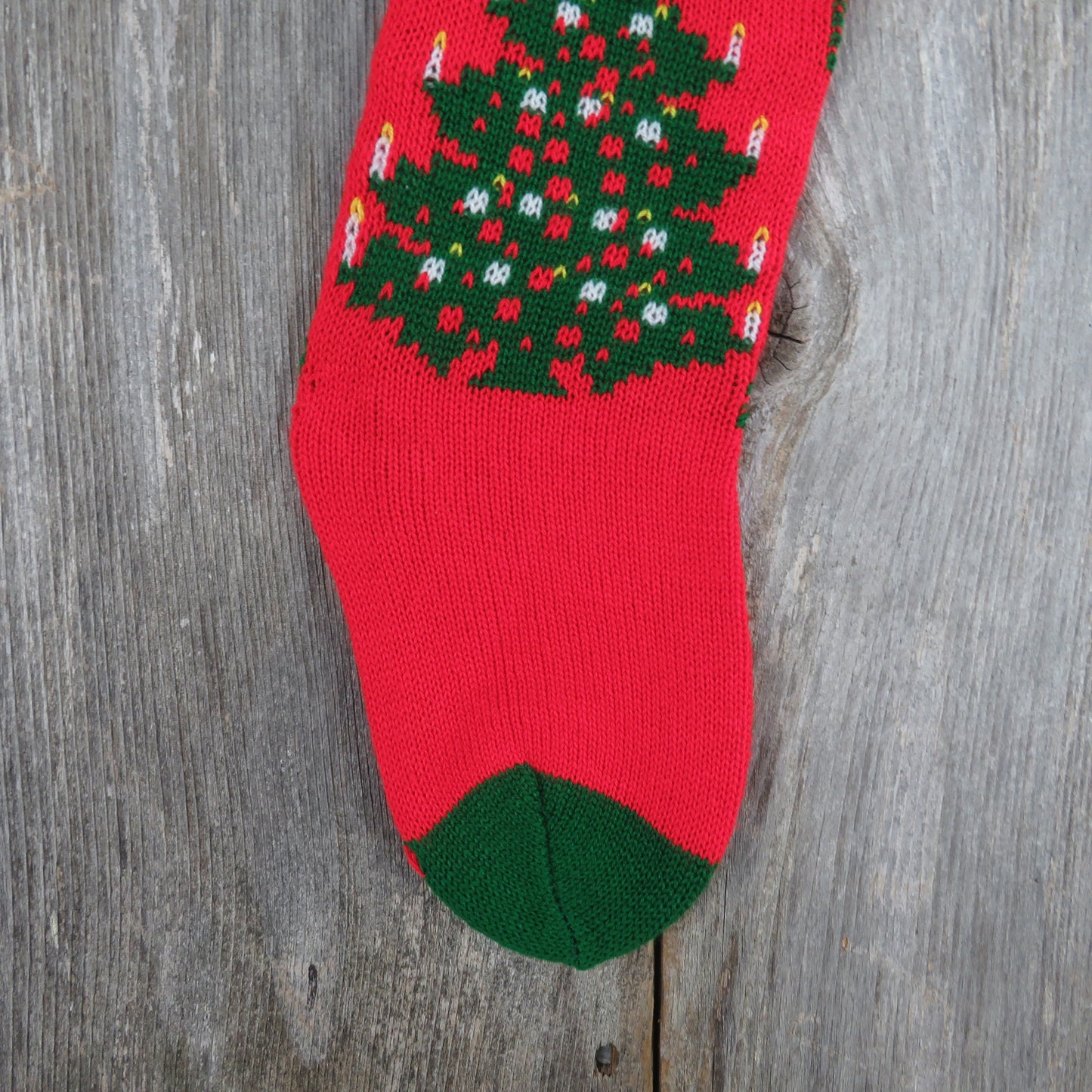 Vintage Merry Christmas Tree Knit Stocking Kurt Adler Red Green White Pom Pom 1982