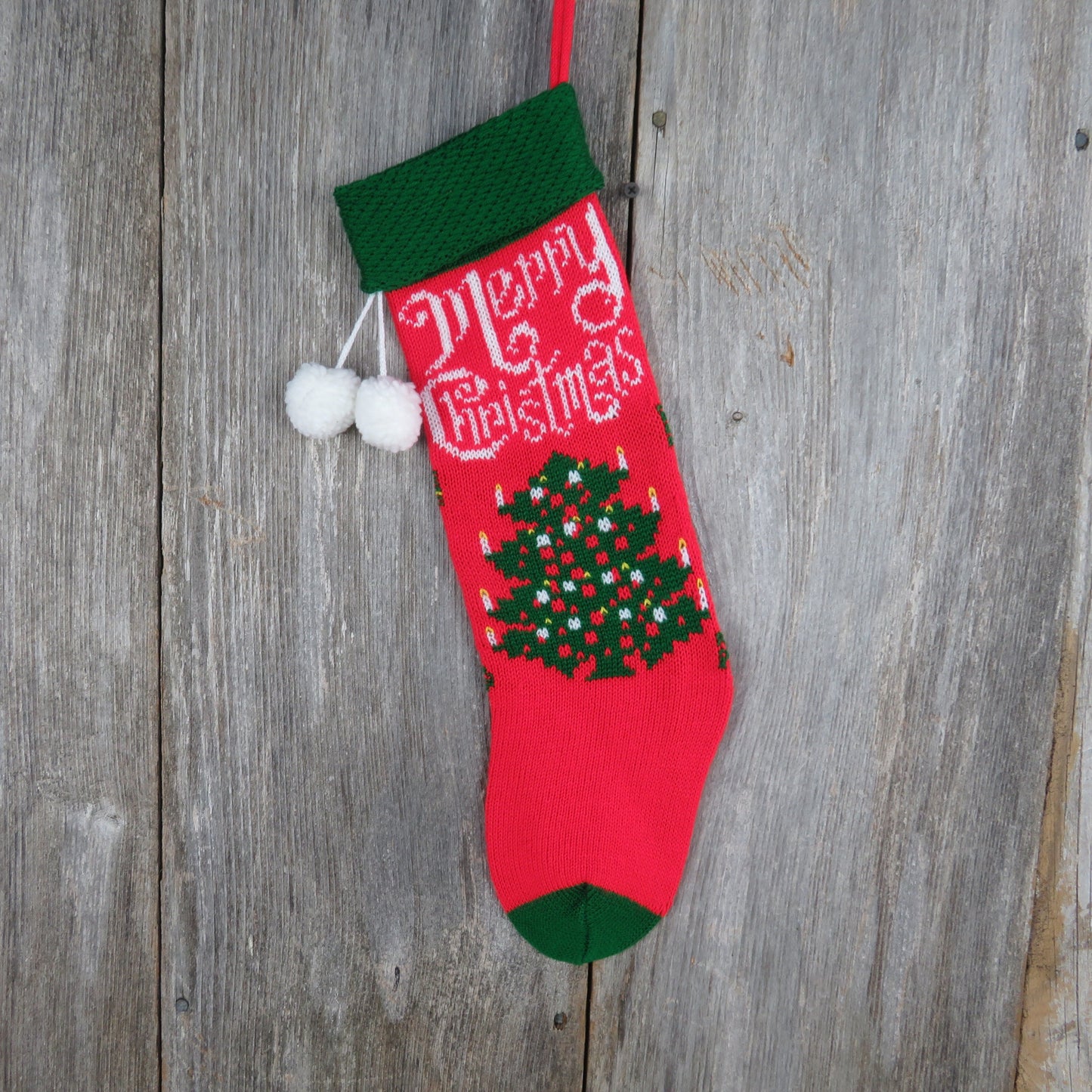 Vintage Merry Christmas Tree Knit Stocking Kurt Adler Red Green White Pom Pom 1982