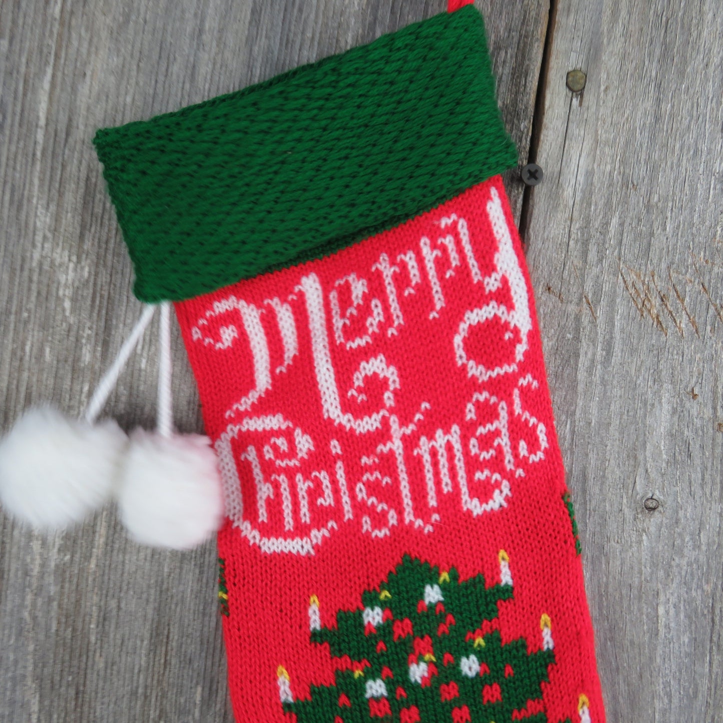 Vintage Merry Christmas Tree Knit Stocking Kurt Adler Red Green White Pom Pom 1982