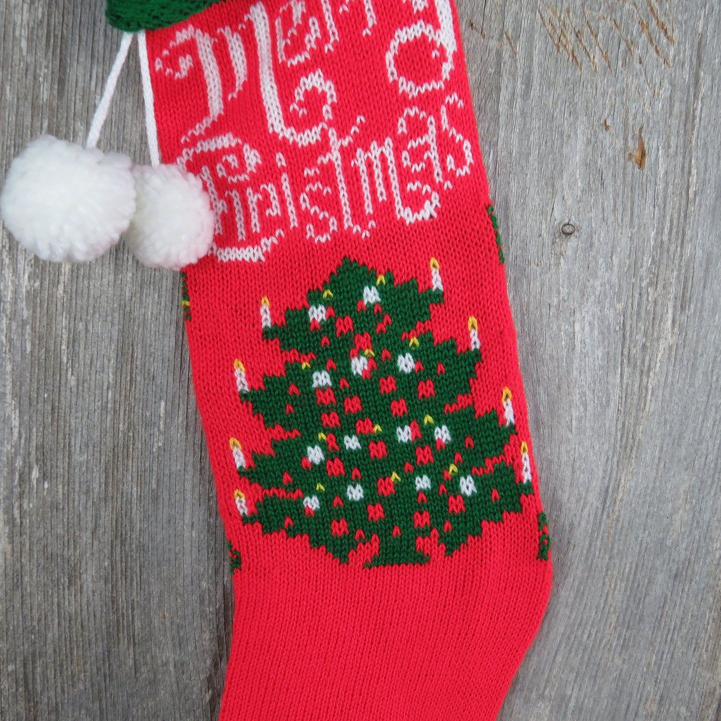 Vintage Merry Christmas Tree Knit Stocking Kurt Adler Red Green White Pom Pom 1982