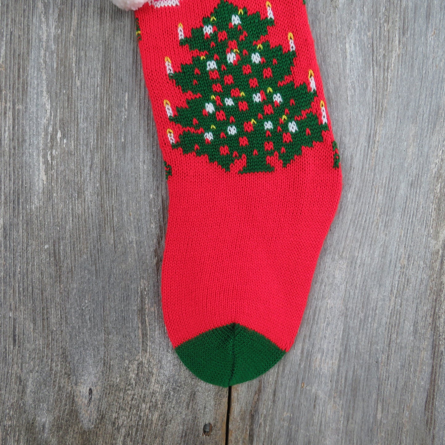 Vintage Merry Christmas Tree Knit Stocking Kurt Adler Red Green White Pom Pom 1982