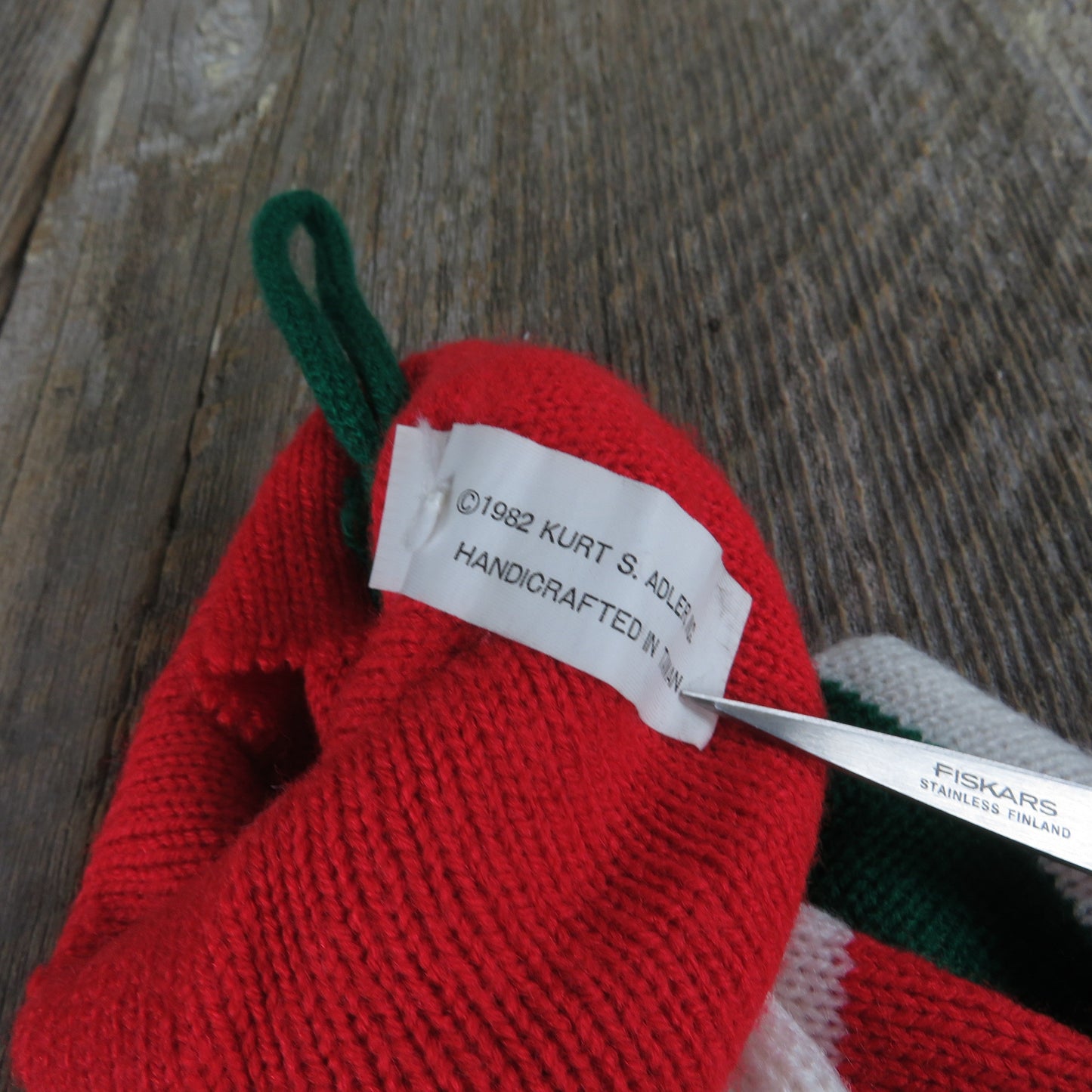 Vintage Merry Christmas Tree Knit Stocking Kurt Adler Red Green White Pom Pom 1982