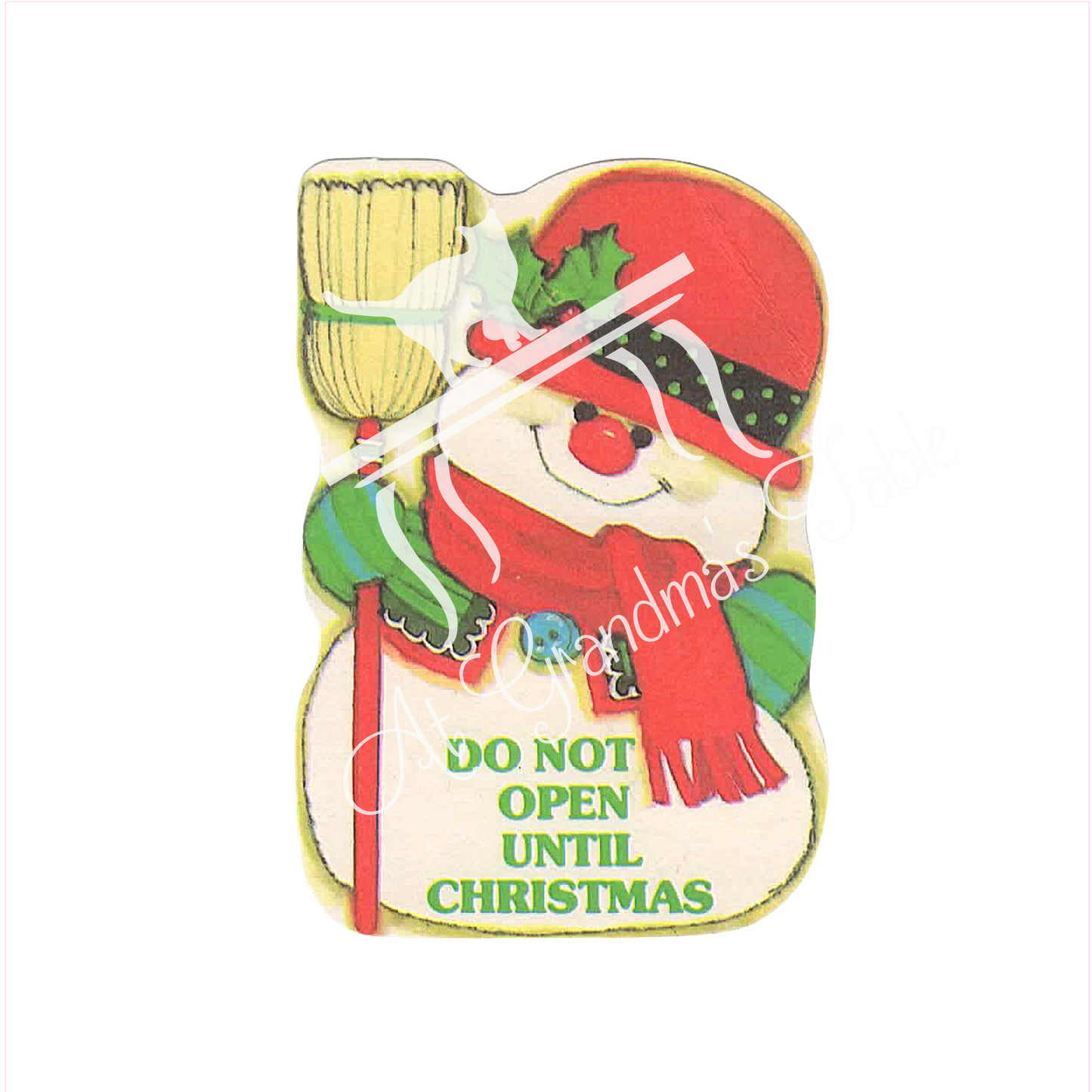 Vintage Snowman with Broom and Red Hat Graphic Do Not Open Before Christmas Download Art Gift Tag