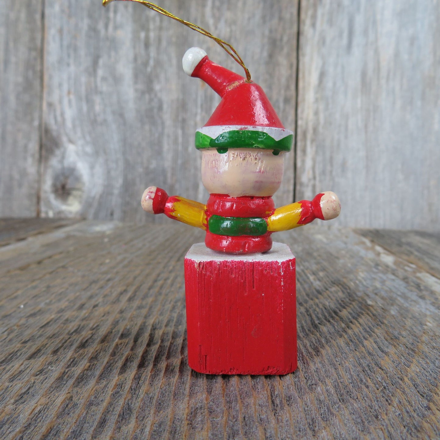 Vintage Jack In A Box Wood Ornament Clown Red Green Wooden Christmas Candy Cane