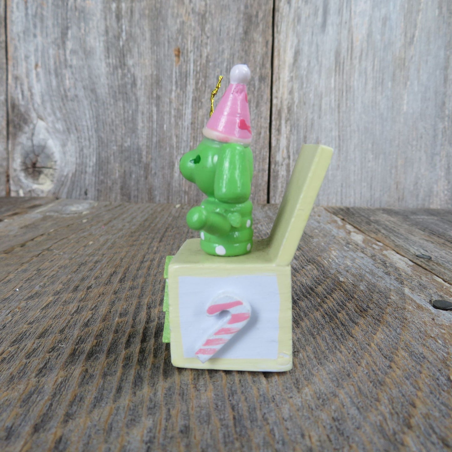 Vintage Jack In A Box Wood Ornament Dog Clown Puppy Green Pink Yellow Wooden Christmas Candy Cane
