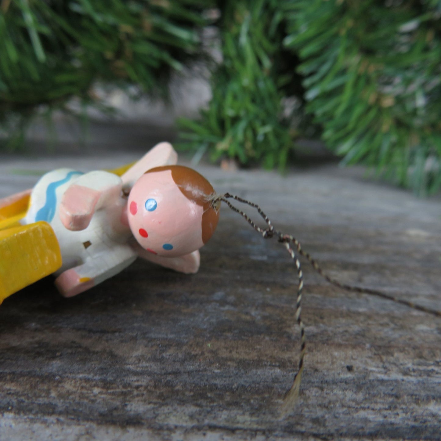 Vintage Angel on Shooting Star Wood Ornament Yellow Wooden Christmas