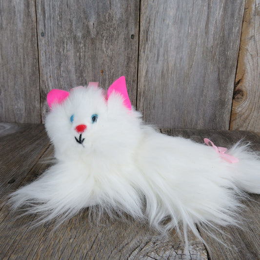 Vintage Cat Plush White Persian Pink Ears Blue Eyes Kitty Stuffed Animal Red Flocked Nose