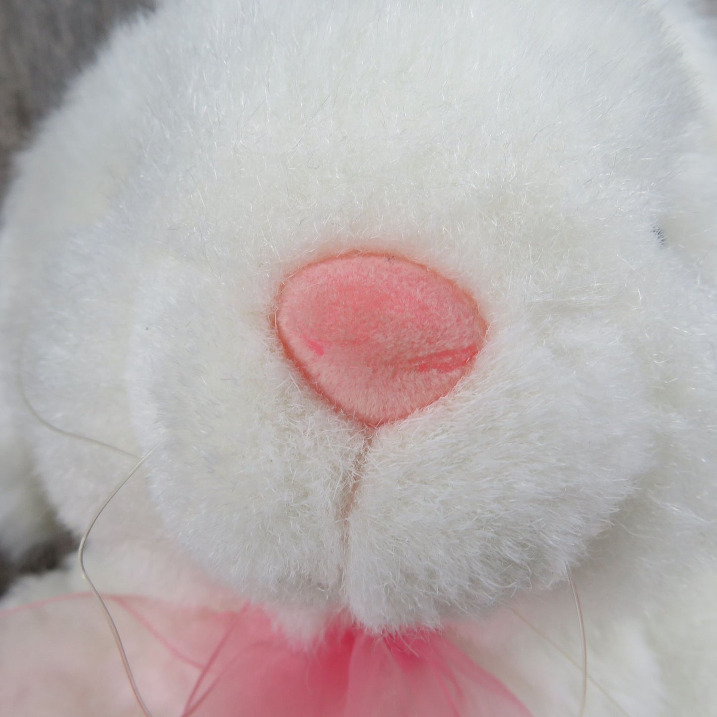 Vintage Bunny Plush White Rabbit Ribbon Pink Flocked Nose Easter Hare Stuffed Animal