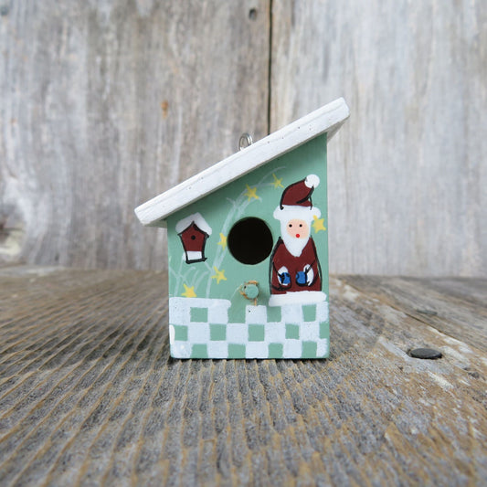 Vintage Green Birdhouse Wood Ornament Santa Checkered Bird Rustic Christmas Country