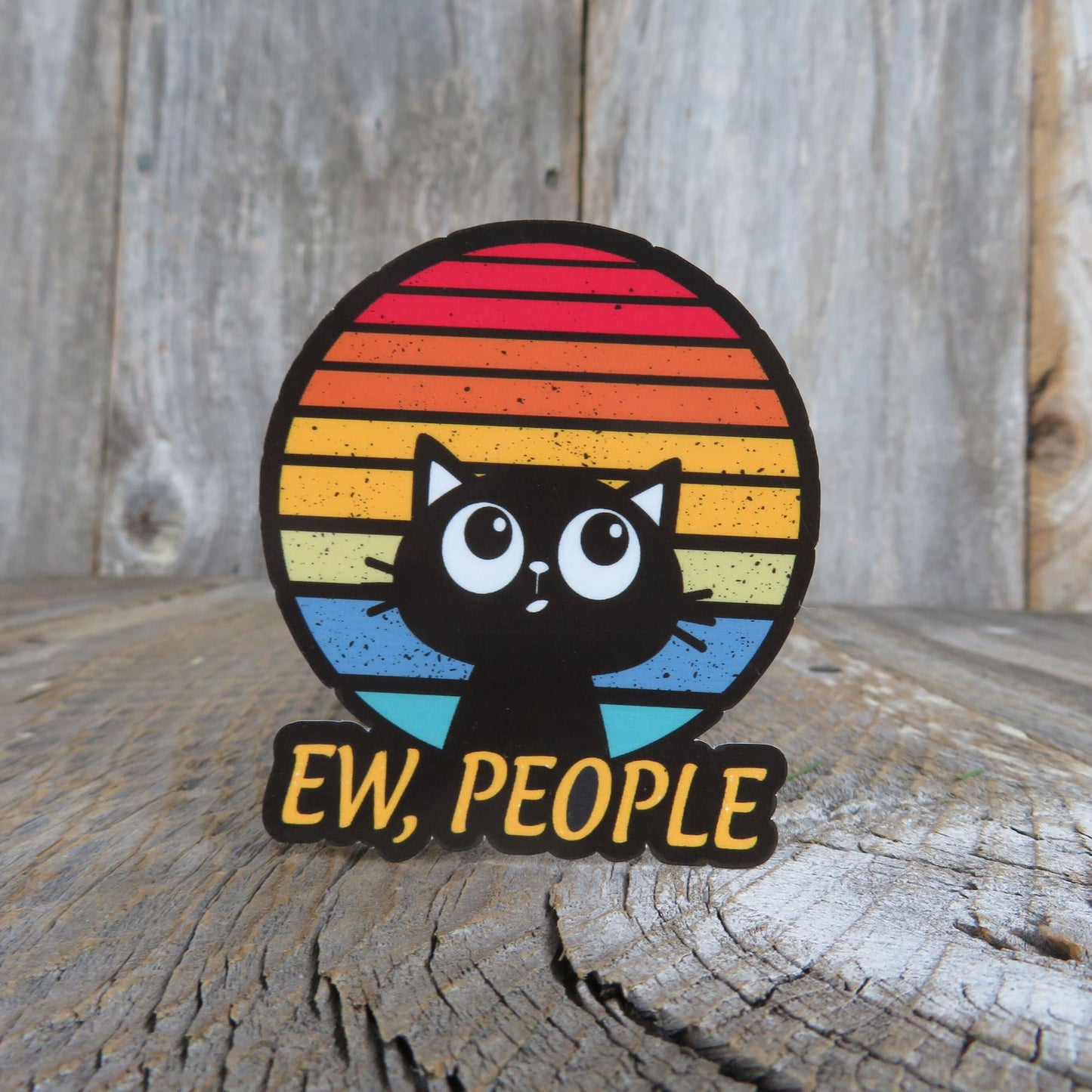 Ew People Sticker Black Cat with Retro Sunset Antisocial Funny Sarcastic Die Cut