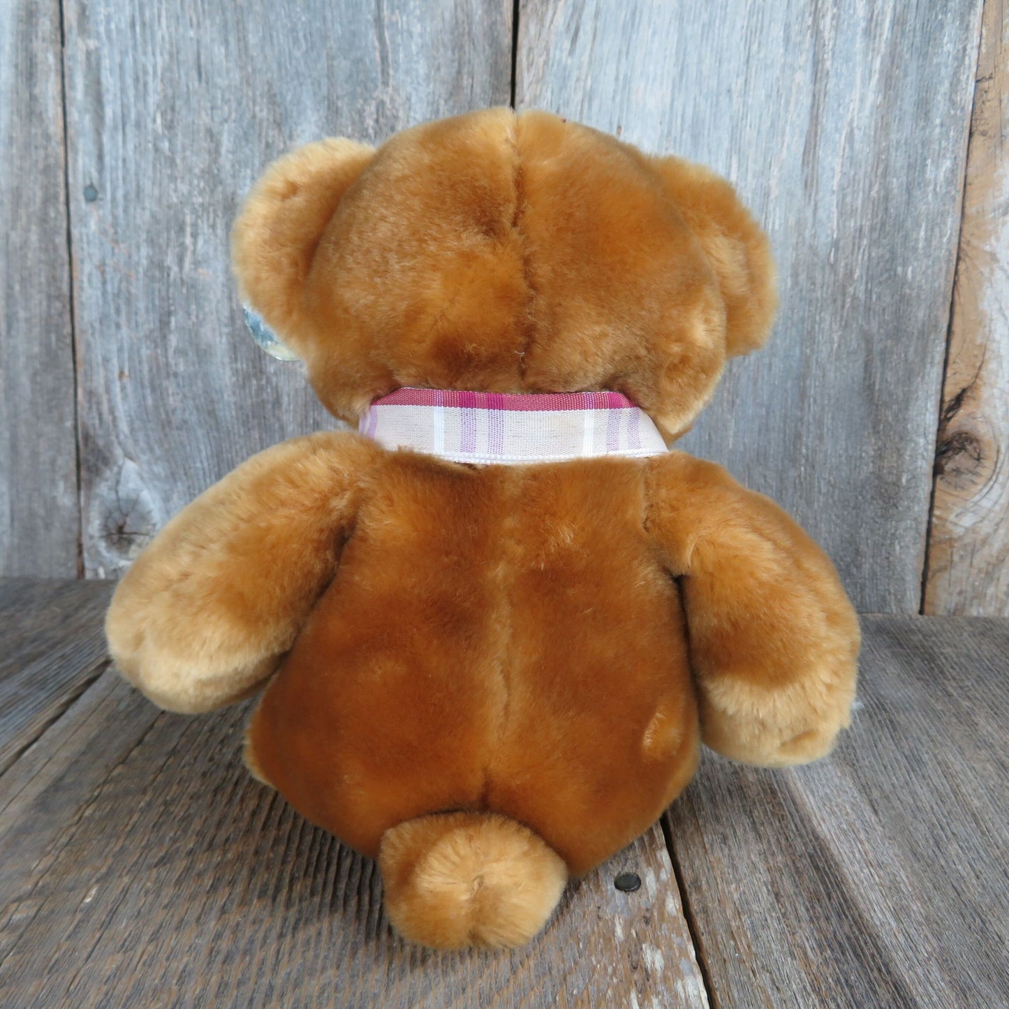 Teddy Bear Plush Shiny Fur Stuffed Animal Flocked Nose Red White Plaid Bow Vintage