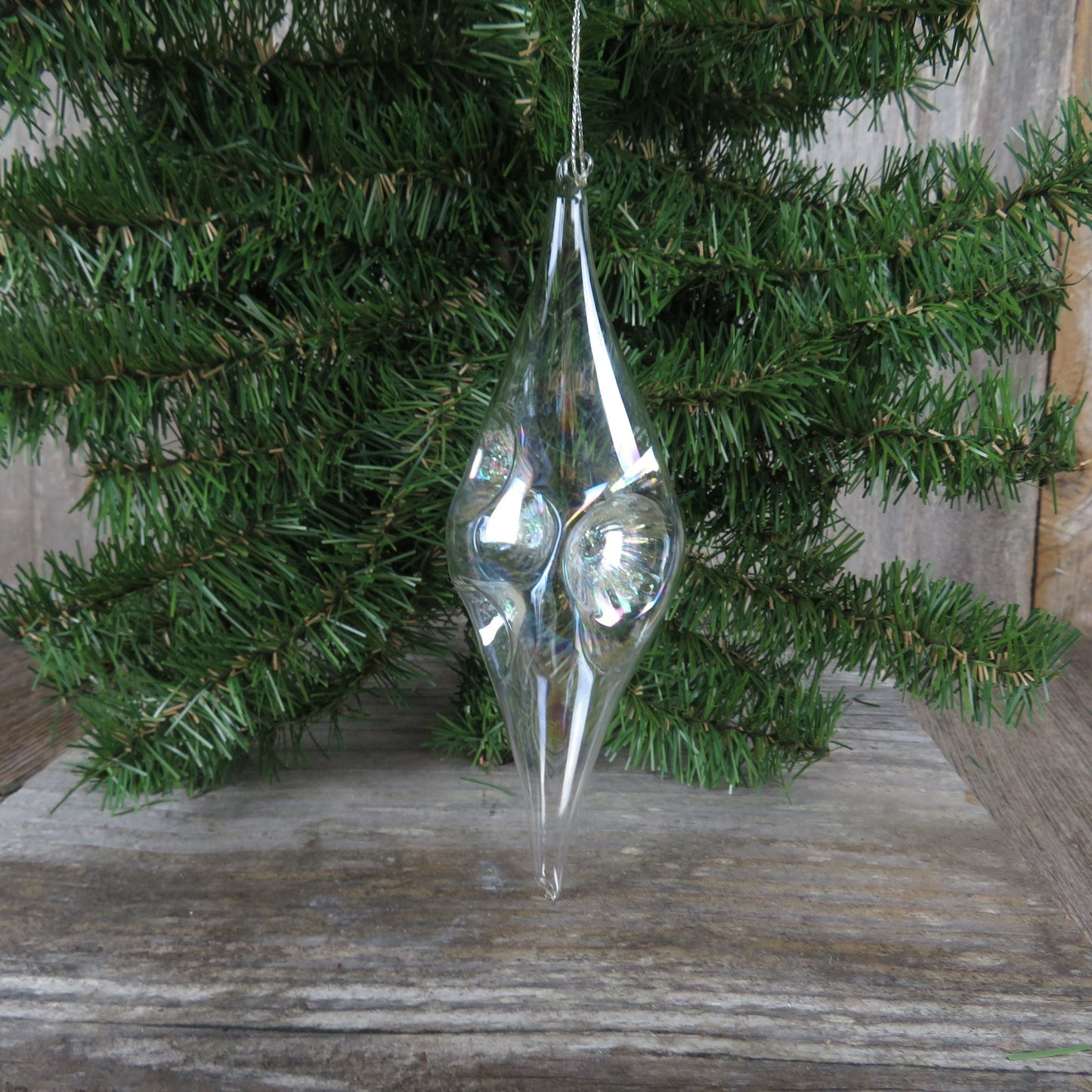 Vintage Blown Glass Teardrop Starburst Ornament Glitter Christmas Silvestri Clear Delicate Iridescent