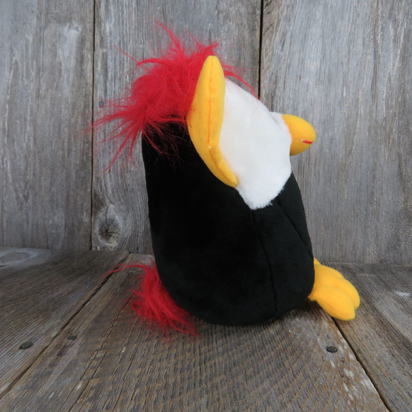 Bird Troll Stuffed Animal King Plush Yellow Ears Beak Feet Red Hair Tail Black White Vintage