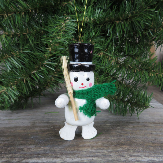 Vintage Wood Snowman Ornament Broom Top Hat Knit Scarf Wooden Christmas