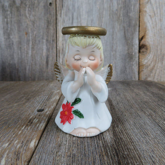 Vintage Christmas Angel Bell Figurine Poinsettia Praying Hands Eyes Closed Made in Tiawan