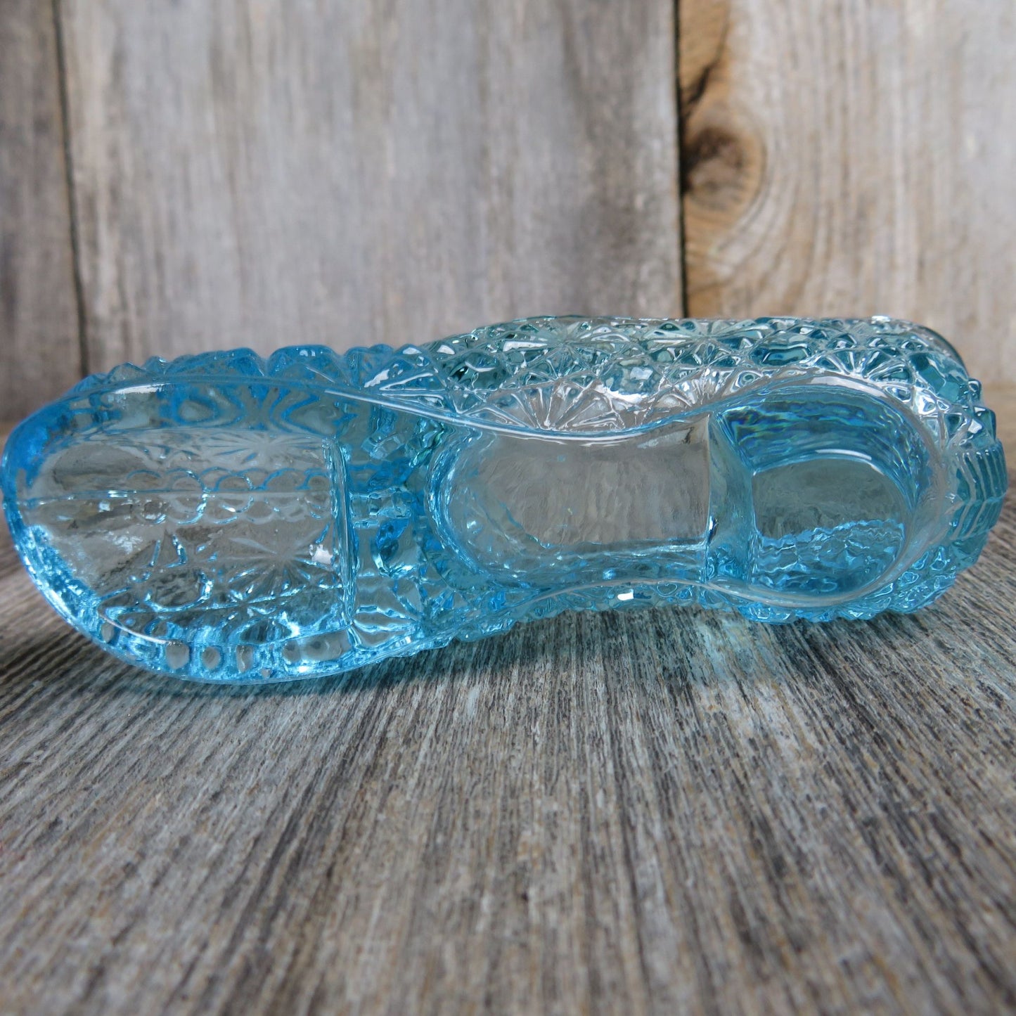 Vintage Blue Glass Slipper Vase Figurine Shoe Shaped Starburst Embossed Teal Colored Dish