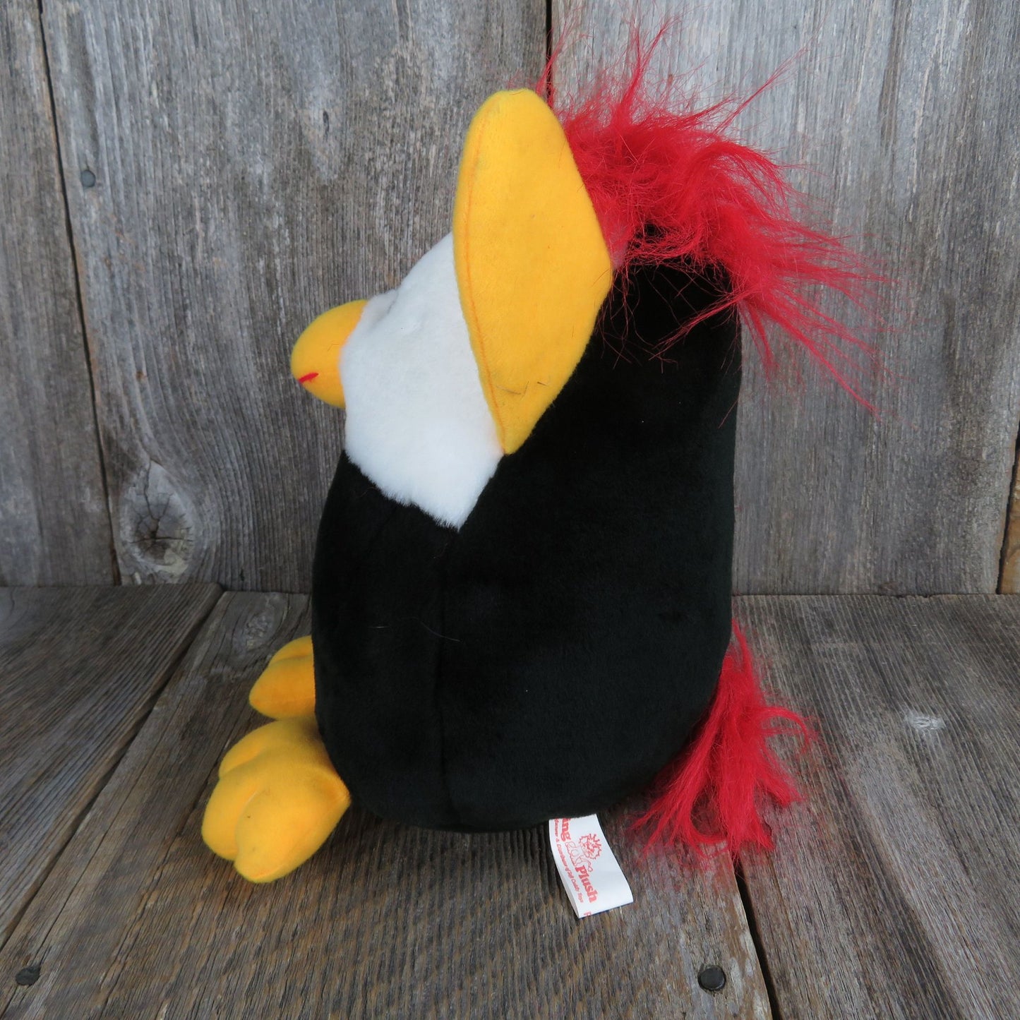 Bird Troll Stuffed Animal King Plush Yellow Ears Beak Feet Red Hair Tail Black White Vintage