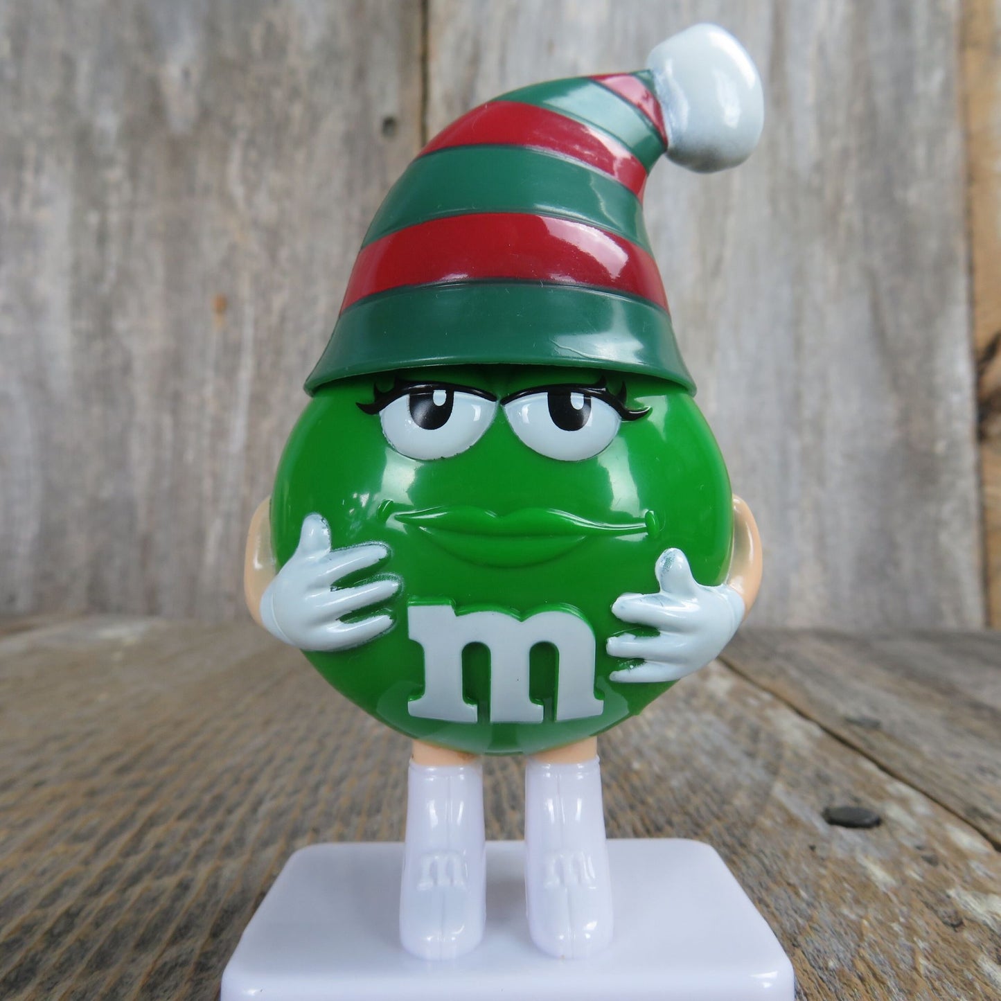 Vintage Green M&M Striped Santa Hat Figurine Mars Candy Tube Christmas