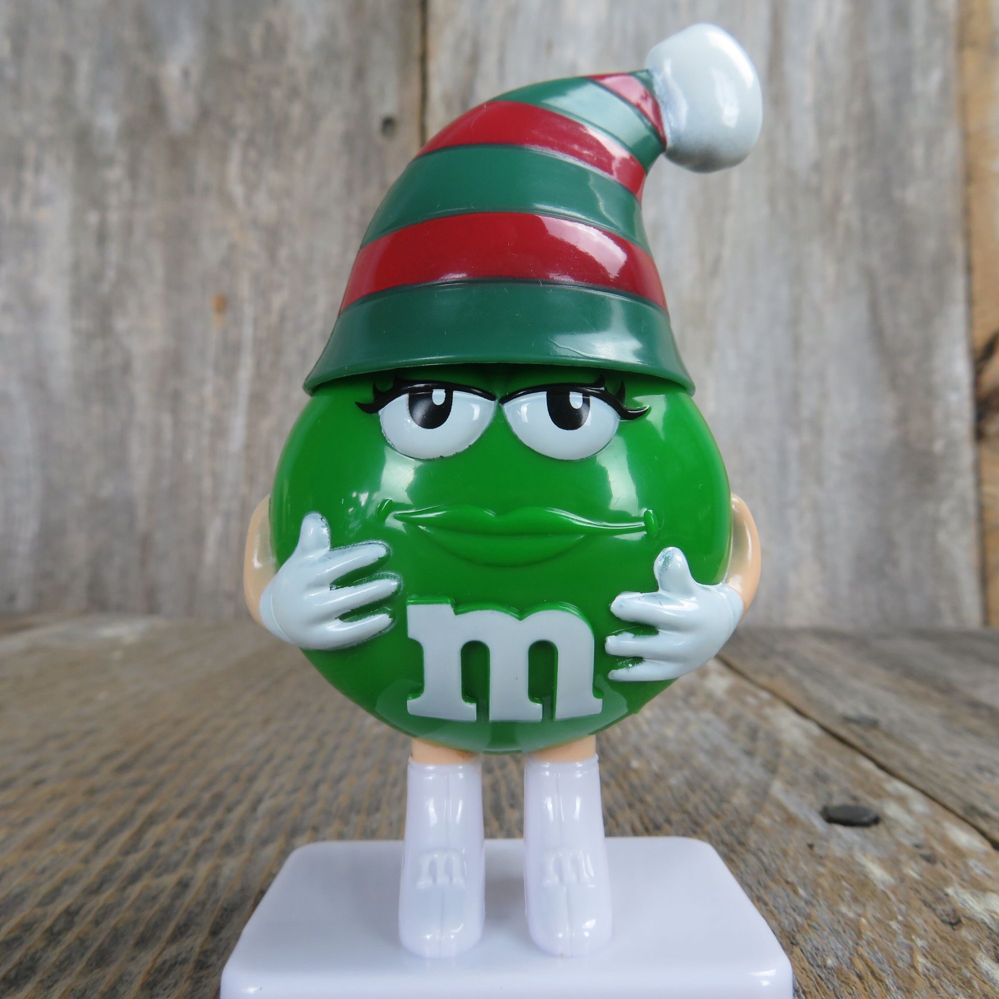 Vintage Green M&M Striped Santa Hat Figurine Mars Candy Tube