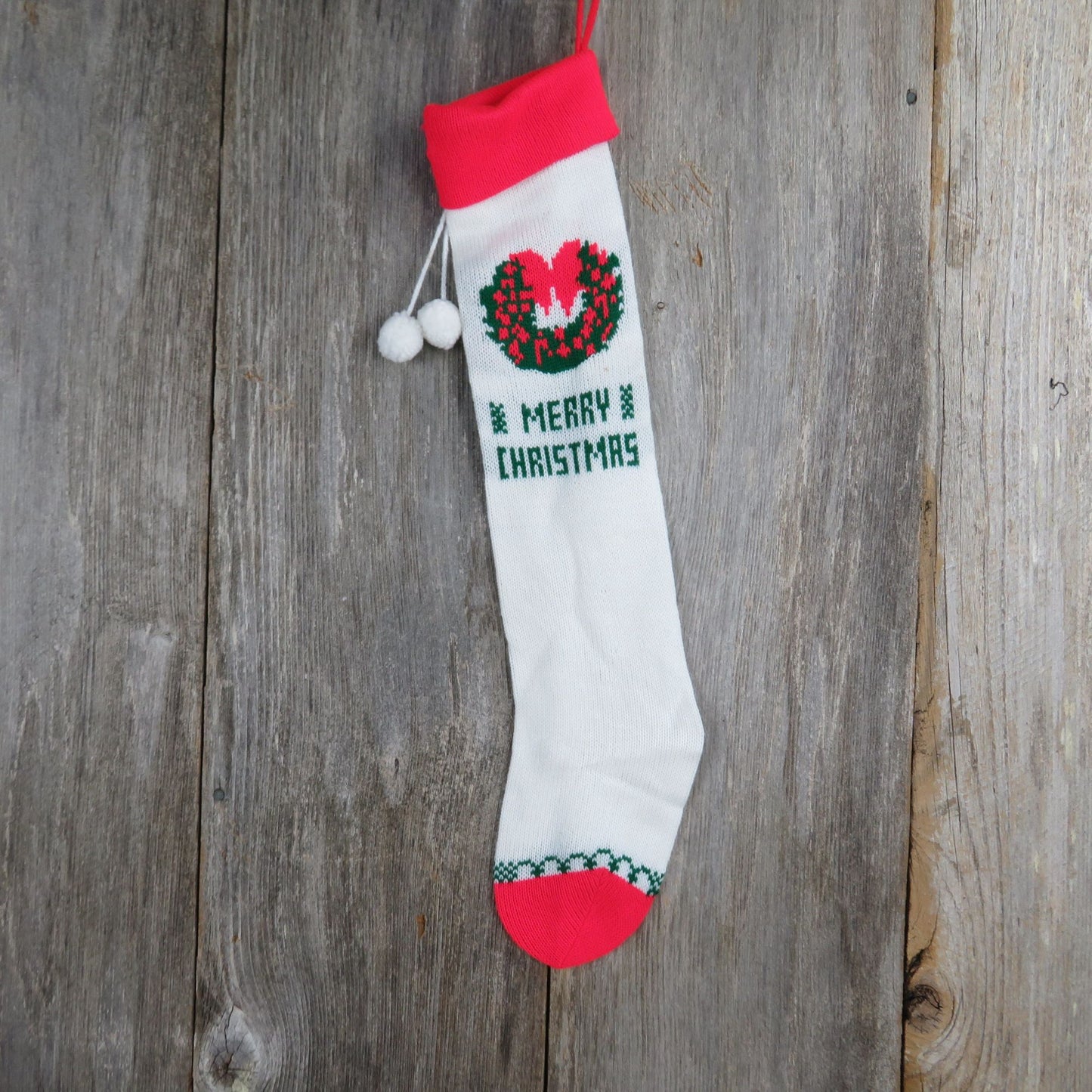 Vintage White Wreath Design Knit Stocking Tree Knitted White Green Red Christmas Pom Pom ST341