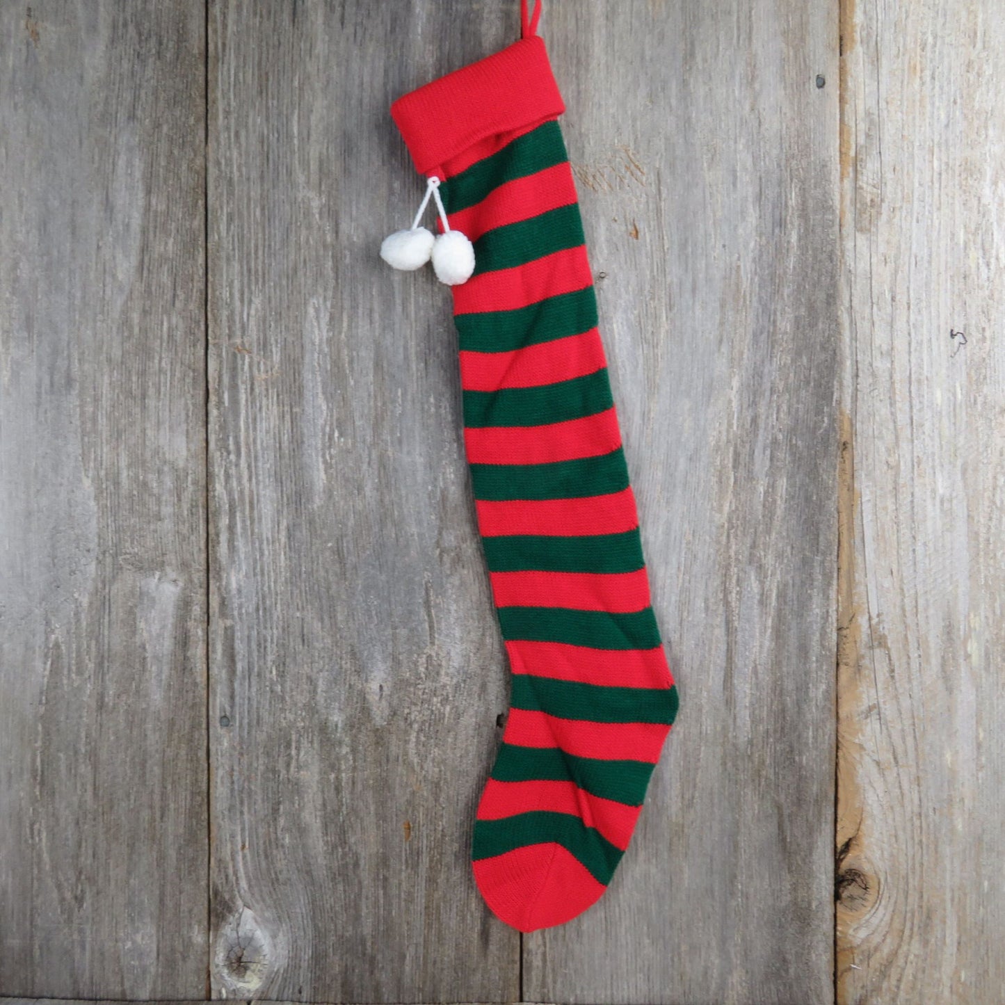 Vintage Knit Striped Christmas Stocking Red Green Stripes Knitted 1980s