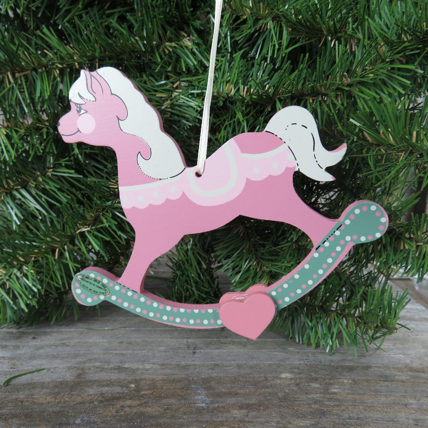 Vintage Pink Wooden Rocking Horse Ornament Fancy Painted Show Pony Green Holly Adler Kurt 1988